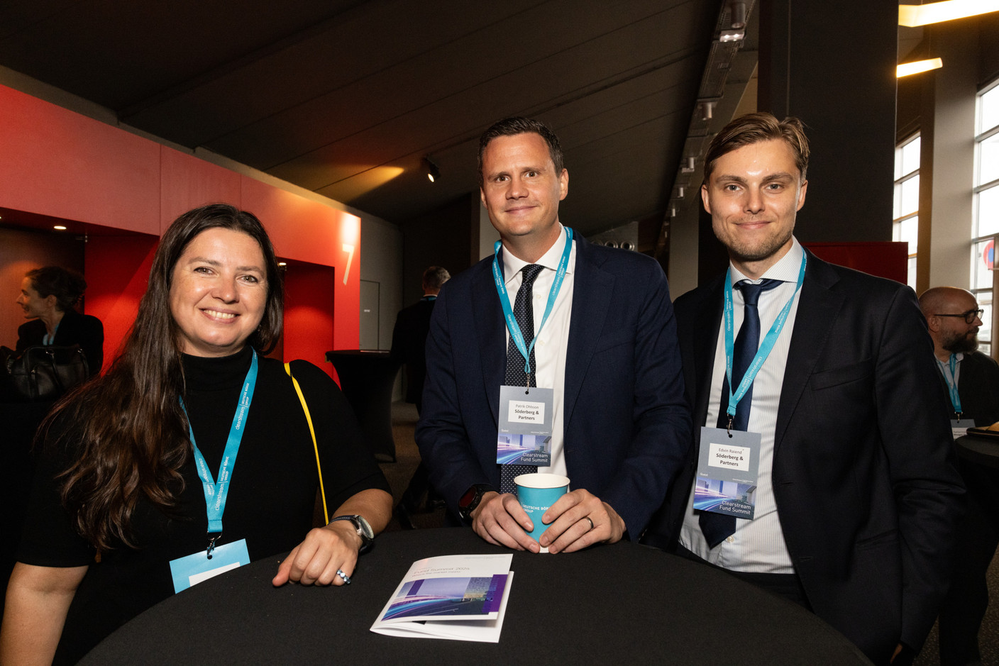 Evguenia Jeitz (Clearstream), Patrik Ohlsson (Söderberg & Partners) and Edvin Raiend (Söderberg & Partners) at the Clearstream Fund Summit, Kirchberg Kinepolis, 10 October 2024. Photo: Eva Krins/Maison Moderne