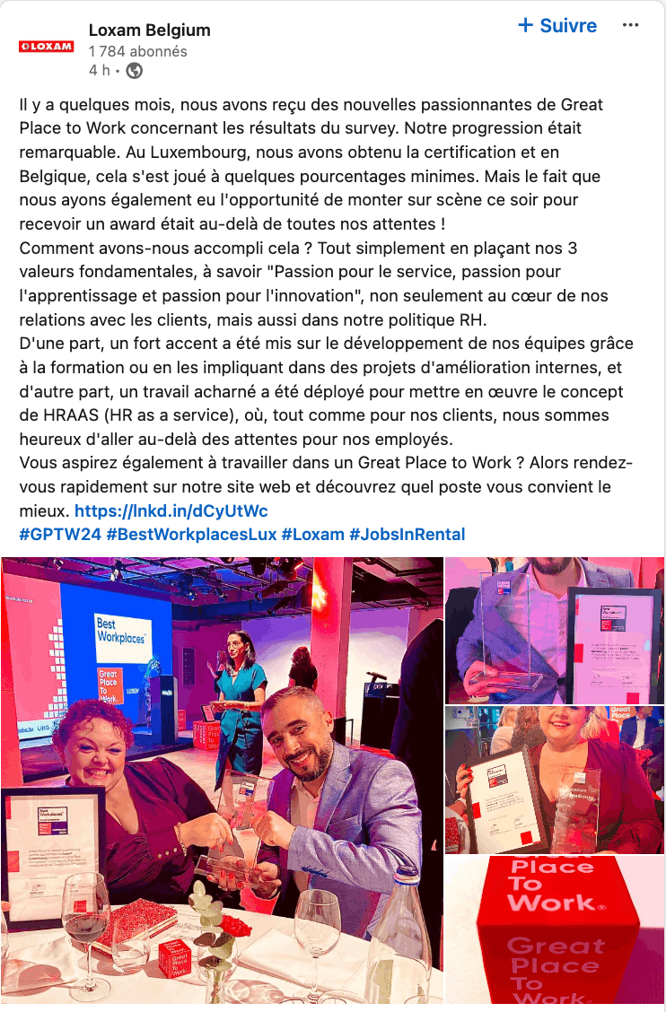 Au Luxembourg, Loxam a été classée au palmarès dans la catégorie Petites entreprises. (Photo: Linkedin)