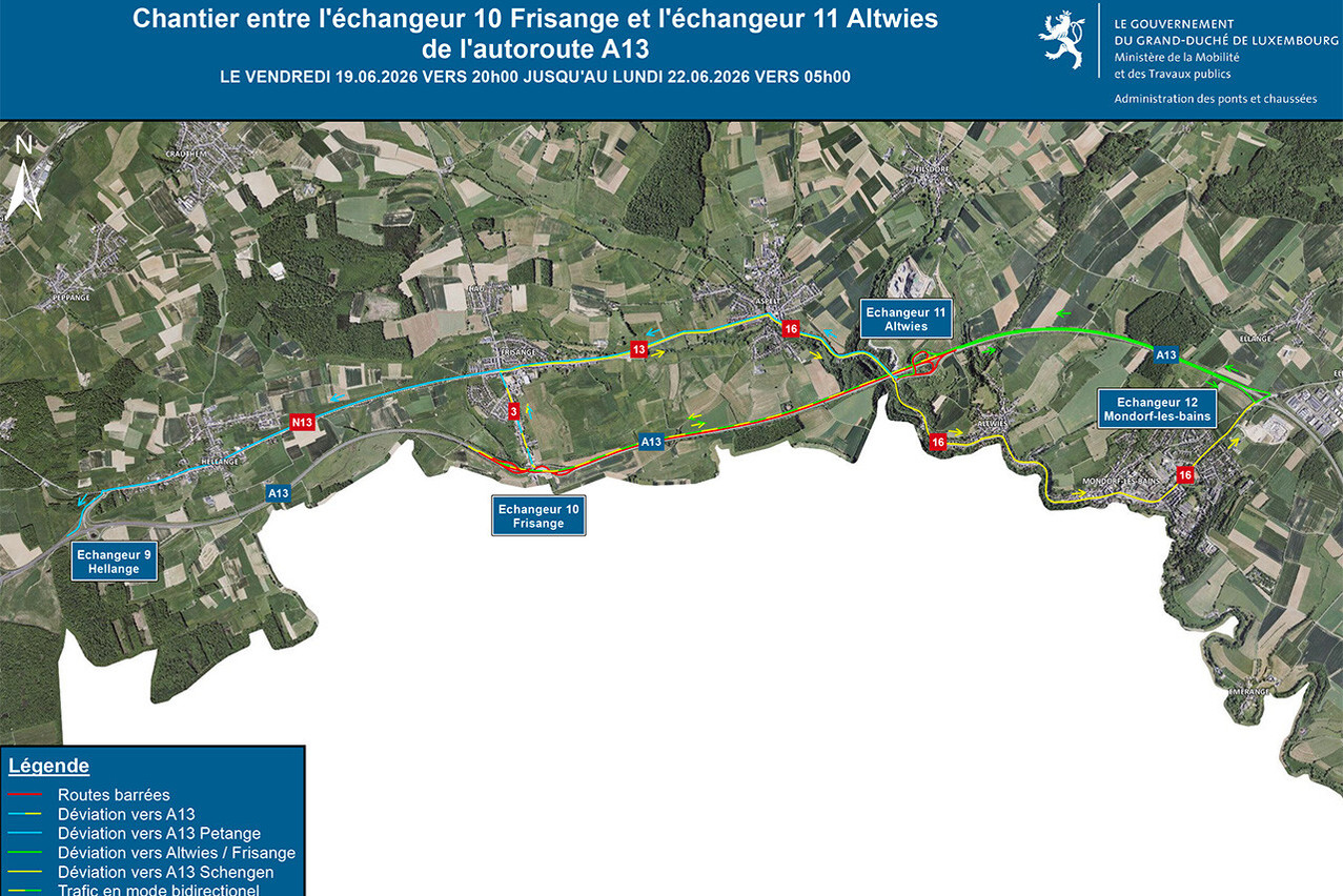 The A13 motorway will undergo partial resurfacing works between Frisange and Altwies from 19 to 22 June. Several slip roads and exits will be closed, with diversions likely to cause disruption to travel in the south of the country. (Photo: Administration des ponts et chaussées)