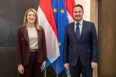 La présidente du Parlement européen, Roberta Metsola, lors de sa visite au Luxembourg, en compagnie du Premier ministre, Xavier Bettel (DP), le 15 mars 2022. (Photo: SIP/Julien Warnand)