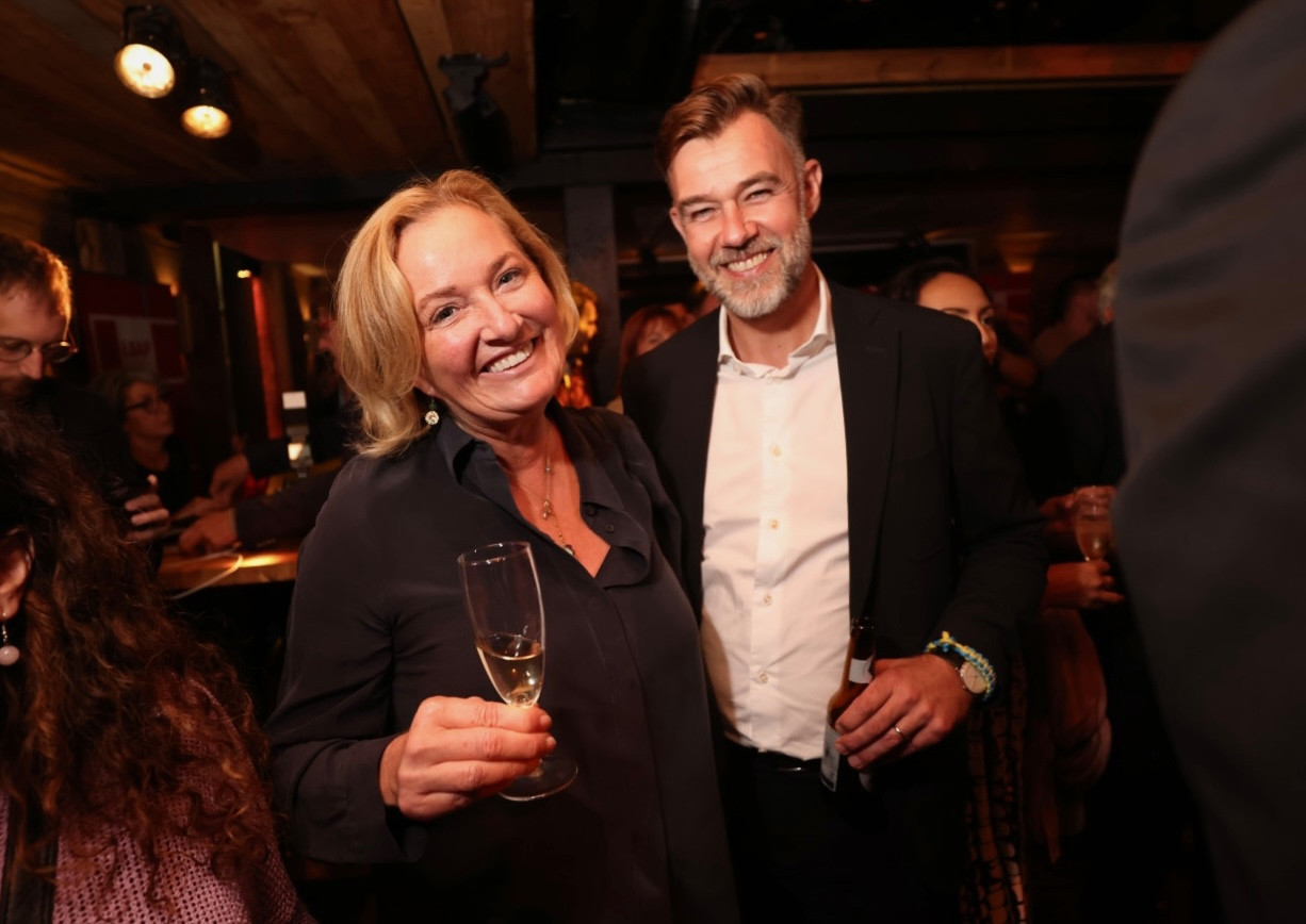 Paulette Lenert, the LSAP deputy PM and lead candidate, and Franz Fayot, the economy minister, seen at the party’s election night headquarters, at Melusina. Photo: Guy Wolff