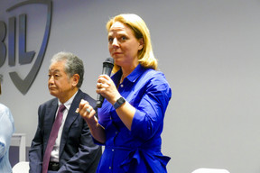 Corinne Cahen (right), Luxembourg city alderwoman, addressing the event attendees, in presence of Tadahiro Matsubara, ambassador of Japan to Luxembourg.  Photo: Rotary Club Luxembourg Hearts 