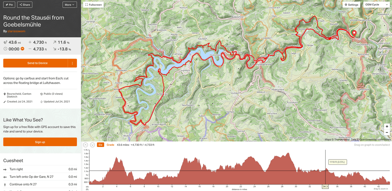  Screenshot shows map and elevation of the “round the Stauséi from Goebelsmühle” bike route  Ride with GPS/screenshot