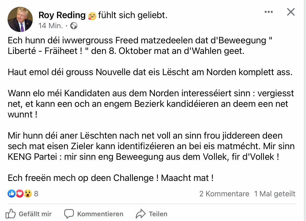 The announcement of his new political movement, Liberté, on Facebook. Source: Roy Reding’s Facebook page