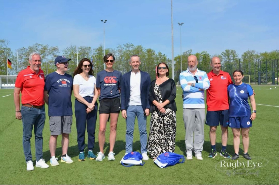 Jeff Boulot, president of the Luxembourg Rugby Federation (on left); Michael Engbork, Rugby Club Luxembourg board member (2nd from left); Giulia Iannucci, RCL board member (4th from left); Georges Mischo, sports minister (centre); Yuriko Backe, equality minister (4th from right); Paolo Tarakdjian, RCL president (3rd from right); Nick Frank, president of the Luxembourg Touch Federation (2nd from right), seen during Lëtzebuerg Rugby Ladies Day, 12 May 2024. Photo: RugbyEye/Rugby Club Luxembourg