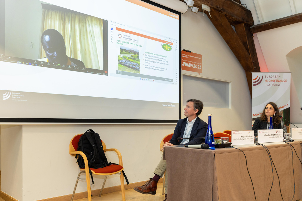 Delano attended the “Seeing the Forest through the Trees: Innovative Financial Services for Forestry Value Chains” panel at the European Microfinance Week, hosted by e-MFP at Neumünster Abbey on 16 November 2023. Pictured: Claudien Nsengimana, on screen (Inkunga Finance PLC), Kaspar Wansleben (Investing for Development Sicav / LMDF & FCCF) and Christina Ehlert (Ada Microfinance). Photo: Romain Gamba/Maison Moderne