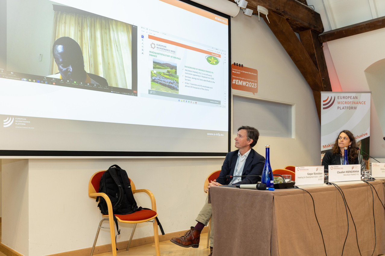 Delano attended the “Seeing the Forest through the Trees: Innovative Financial Services for Forestry Value Chains” panel at the European Microfinance Week, hosted by e-MFP at Neumünster Abbey on 16 November 2023. Pictured: Claudien Nsengimana, on screen (Inkunga Finance PLC), Kaspar Wansleben (Investing for Development Sicav / LMDF & FCCF) and Christina Ehlert (Ada Microfinance).  Photo: Romain Gamba/Maison Moderne