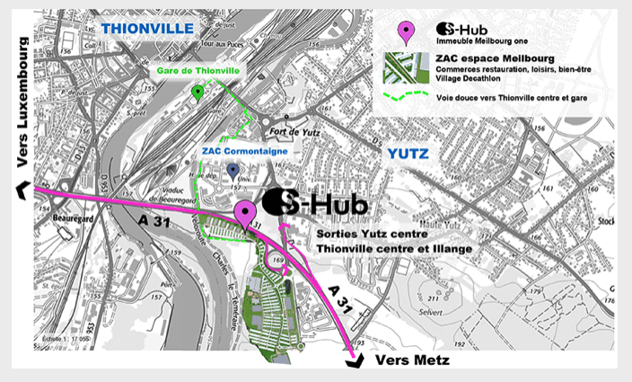 Le S-Hub possède un accès immédiat depuis l’A31 (sortie Yutz–Thionville-centre en venant de Metz), il se situe au sein de la ZAC espace Meilbourg. Parkings disponibles réservés aux utilisateurs de S-Hub. (Photo: Capture d’écran / Sodevam)