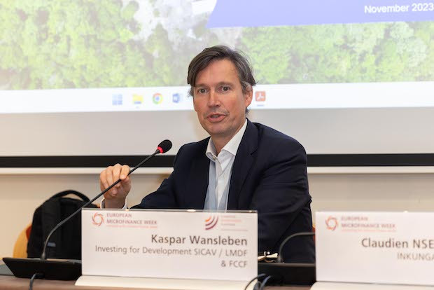 Delano attended the “Seeing the Forest through the Trees: Innovative Financial Services for Forestry Value Chains” panel at the European Microfinance Week, hosted by e-MFP at Neumünster Abbey on 16 November 2023. Pictured: Kaspar Wansleben (Investing for Development Sicav / LMDF & FCCF). Photo: Romain Gamba/Maison Moderne