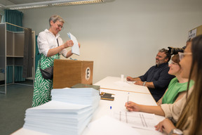 Sam Tanson, the justice minister and the culture minister (Green party), votes in municipal elections, 11 June 2023. Photo: Nader Ghavami