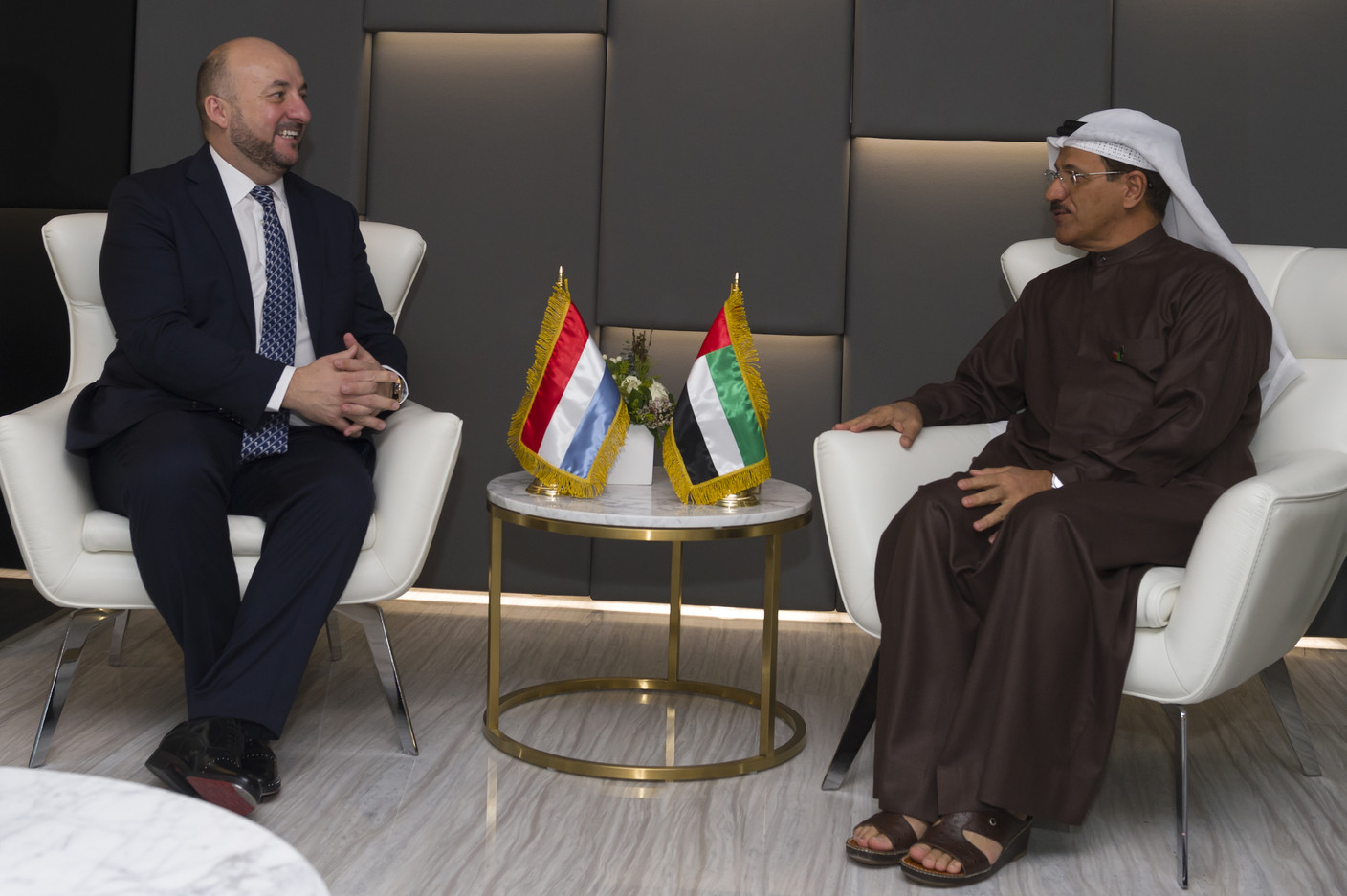 Étienne Schneider et  Sultan Bin Saeed Al Mansoori, ministre de l’Économie des Émirats arabes unis. (Photo: SIP / Jean-Christophe Verhaegen)