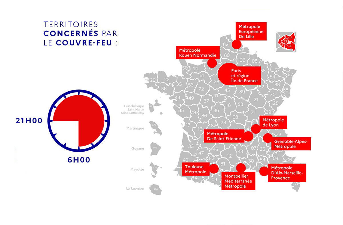 La carte des territoires concernés par le couvre-feu en vigueur de 21h à 6h du matin à partir de samedi. (Carte: Gouvernement français)