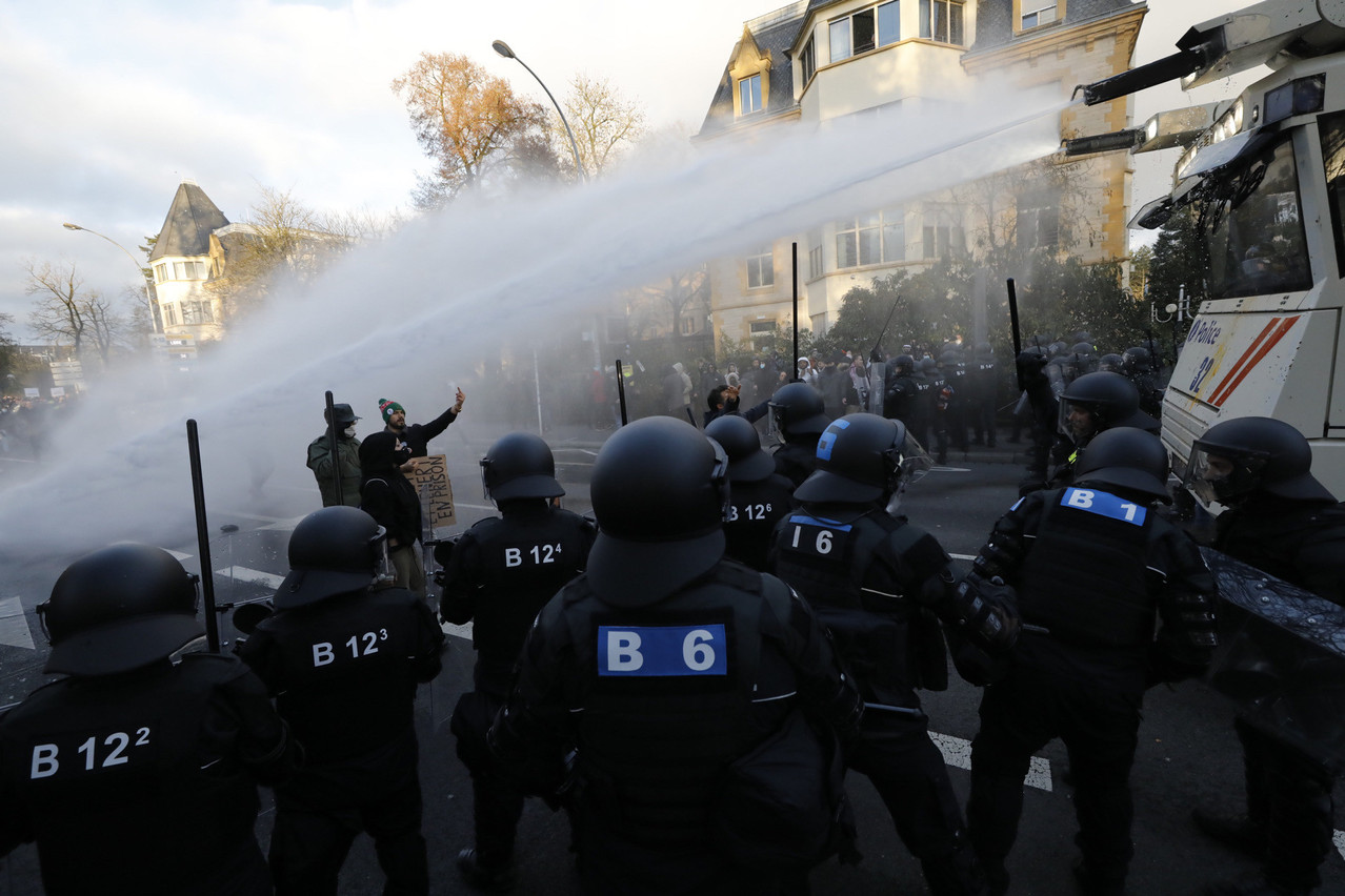 Water cannon was deployed against demonstrators trying to break through a police cordon to reach the city centre (Photo: Guy Wolff)