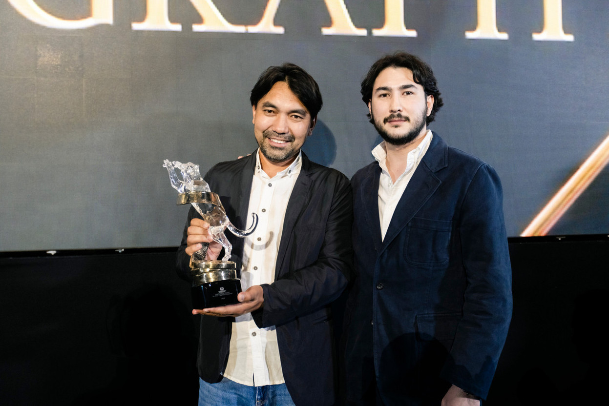The Snow Leopard Panavision Award for Best Cinematography, along with a $45,000 Panavision Camera Package Grant, was awarded to cinematographer Zhanrbek Yeleubek for Kazakhstan coming of age drama Bauryna Salu, and accepted by the film's director Askhat Kuchinchirekov and producer Dias Feld at the Asian World Film Festival closing night at the Culver Theater on 21 November 2024 in Culver City, California.   Photo: Greg Doherty 2024/Getty Images for Asian World Film Festival
