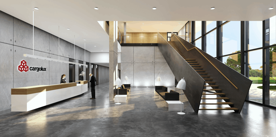 Un grand hall vitré accueillera les visiteurs et donnera accès aux bureaux situé dans l'anneau au moyen d'une volée d'escaliers. Albert Speer + Partner