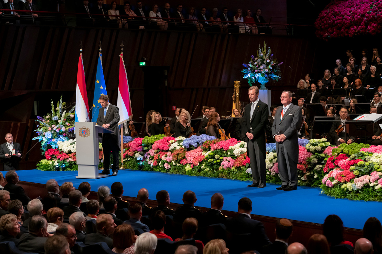 PM Xavier Bettel (left), pictured at the national day celebration in 2019 at the Philharmonie with Grand Duke Henri and Chamber of Deputies president Fernand Etgen. Photo: SIP / Emmanuel Claude, tous droits réservés