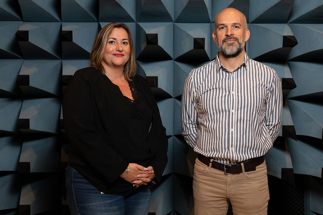 HR Manager, Elodie Gonzalez and Site Manager Frederic Baron, Site Manager in the EMC room, also called anechoic room. This electromagnetic compatibility room is used to carry out electromagnetic interaction tests between systems in the context of product development. photo : Maison moderne