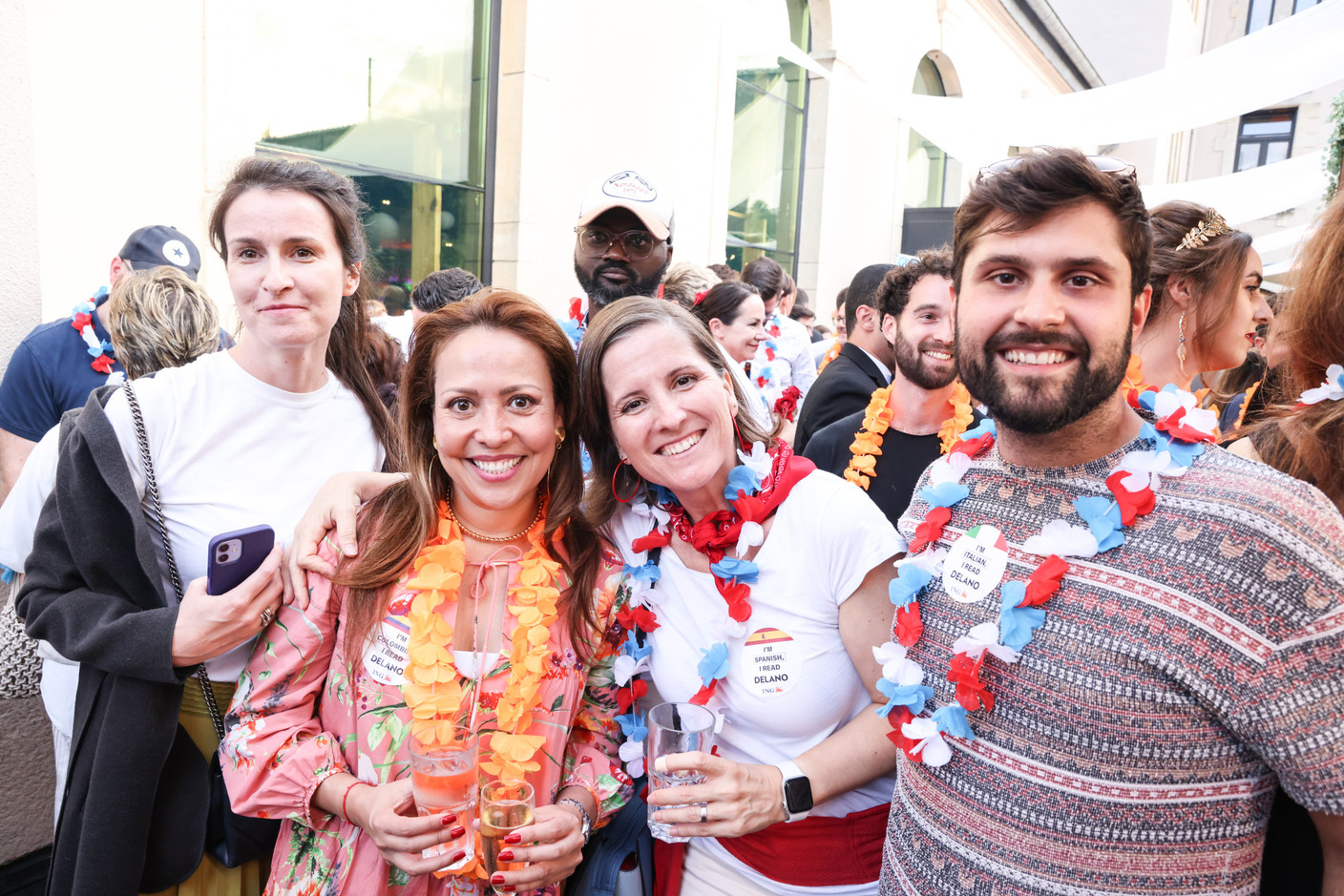 Zuza Reda-Jakima (Pink Not Red), on left, Bárbara Daroca (ING), second from right, seen during the Delano summer party, 13 July 2023. Photo: Marie Russillo/Maison Moderne