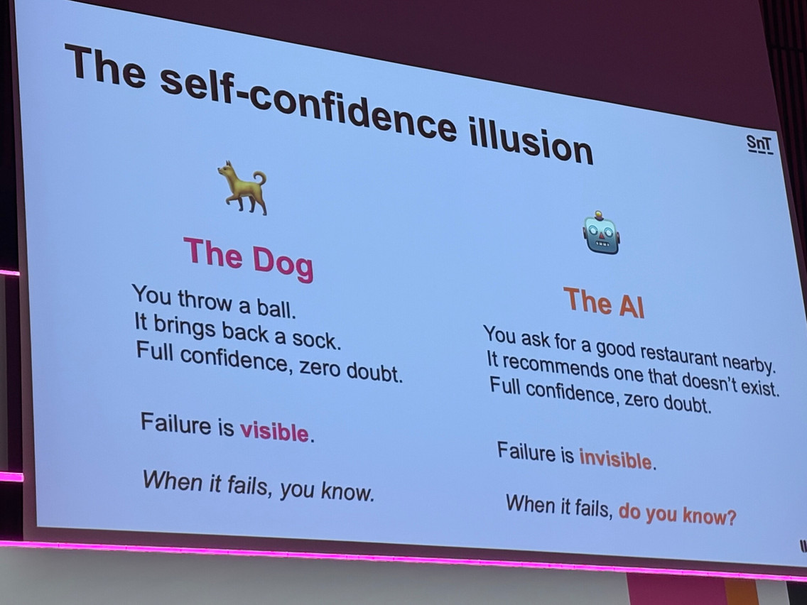 Yves LeTraon’s amusing comparison between dogs and AI was good-naturedly challenged by Guillaume Bour, vice-president of Mistral AI, who pointed out the name of the company’s flagship product: Le Chat. (Photo: Paperjam)