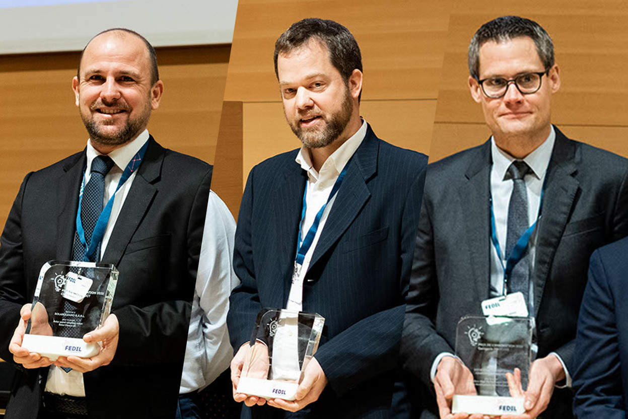Christophe Timmermans of SolarCleano, Mathieu Weber of Cargolux) and Pierre Jadin of Goodyear were presented with Fedil innovation awards, 24 November 2022. Photos: Fedil; montage: Maison Moderne