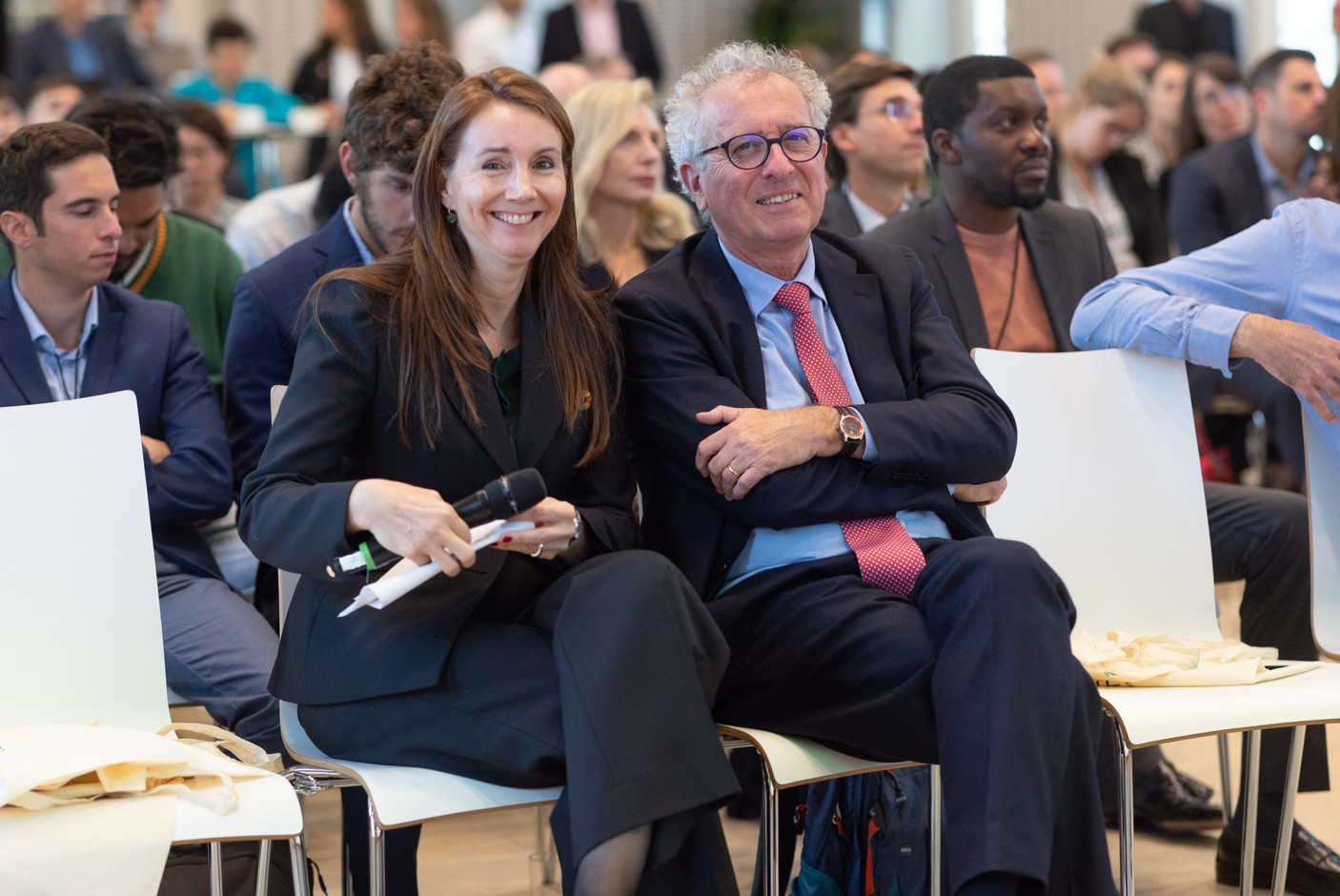 Isabelle Delas, CEO of Luxflag, and Pierre Gramegna, managing director of the European Stability Mechanism, seen during Luxflag Sustainable Investment Week, 17 October 2023. Photo: Guy Wolff/Maison Moderne