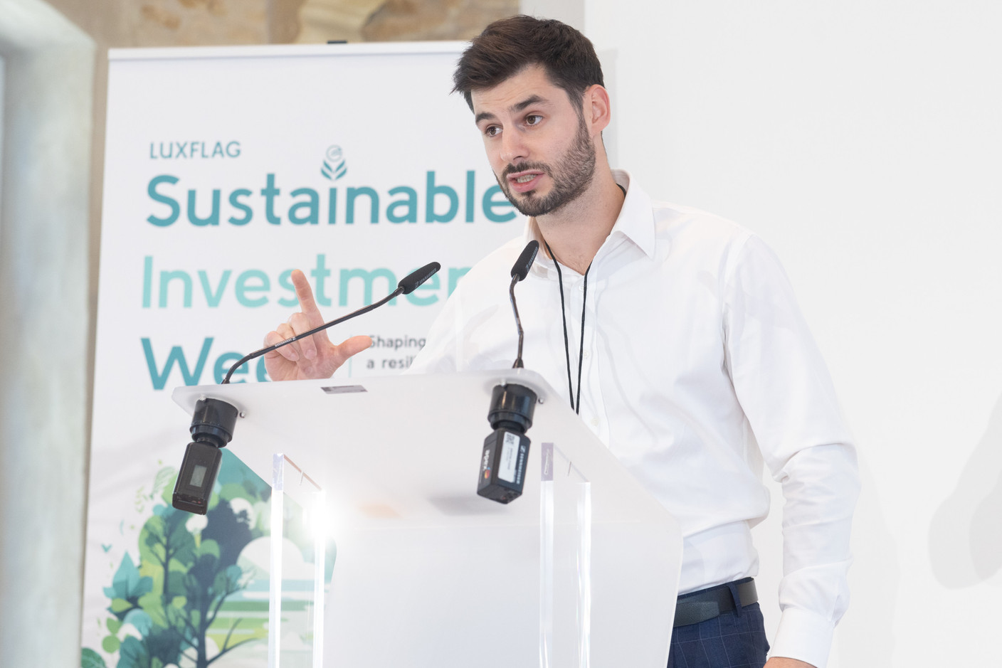 Matthew Welch, responsible investment specialist at DPAM, speaking on the “Systemic human rights assessments--pitfalls and opportunities” panel at Luxflag Sustainable Investment Week, 17 October 2023. Photo: Guy Wolff/Maison Moderne