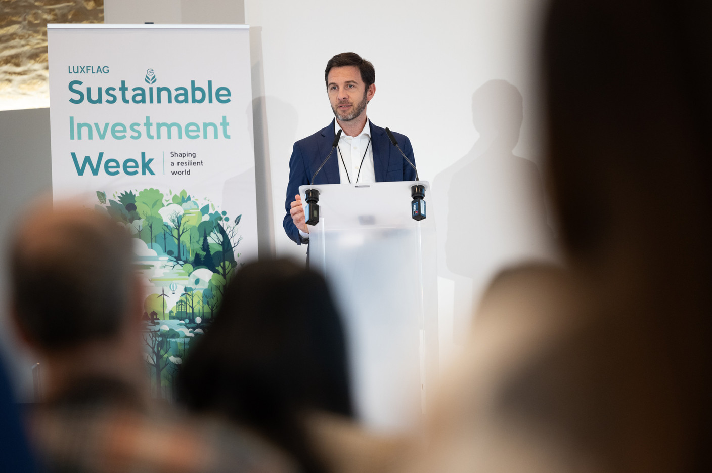 Arnaud Gillen, co-founding partner at Innpact, seen speaking on the “Democratizing access to impact finance” panel at Luxflag Sustainable Investment Week, 18 October 2023. Photo: Guy Wolff/Maison Moderne