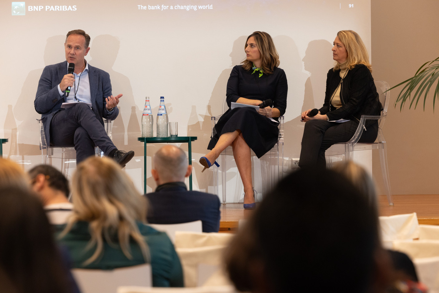 Robert van Kerkhoff, managing director, Shany Venon, head of institutional investors client lines, and Laura Vitagliano, head of sustainable finance at BNP Paribas, seen on the “How can securities services accompany its clients in their transition journey” panel at Luxflag Sustainable Investment Week, 19 October 2023. Photo: Guy Wolff/Maison Moderne