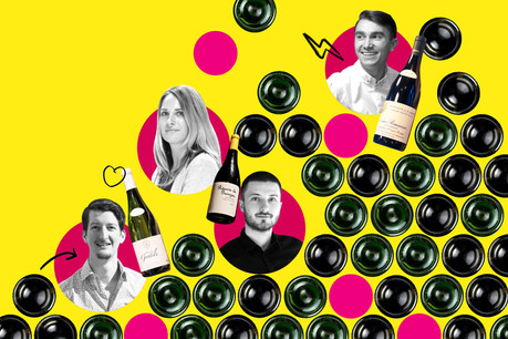 Éléonore Perczak, Thibaut Thirion, Lionel Miramont et Lucas Welsch sont un quatuor de jeunes sommeliers à suivre de près! (Design: Eva Pontini/Maison Moderne)