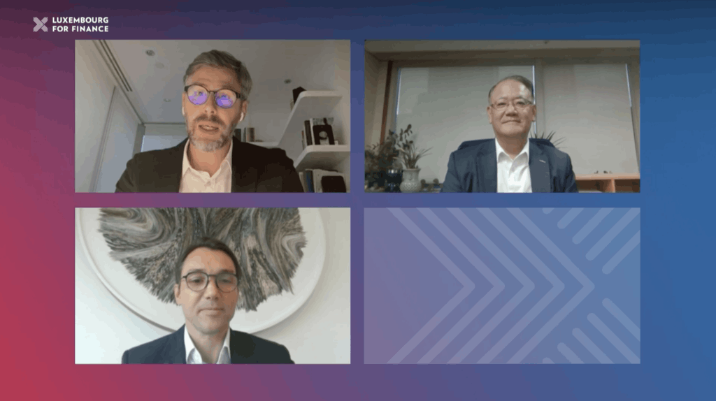 Clockwise from bottom left: Alessandro Silvestro of Lemanik, Xavier le Sorne of Elvinger Hoss Prussen and Hong-Rae Cho of Korea Investment Management discuss how South Korea and Luxembourg can enlarge their markets Image credit: Luxembourg for Finance