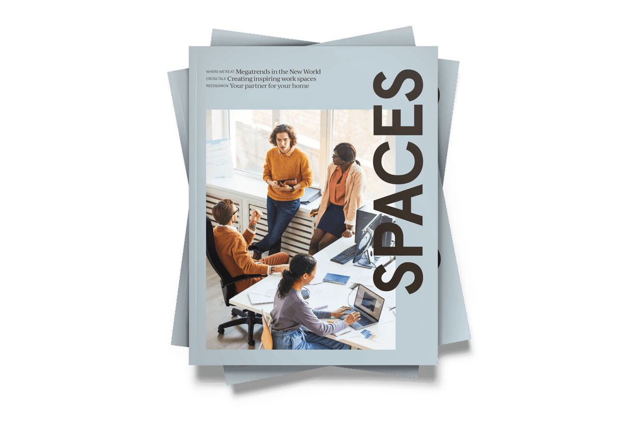 Découvrez la dernière édition en date du magazine Spaces de Bureau Moderne. (Mockup Maison Moderne)