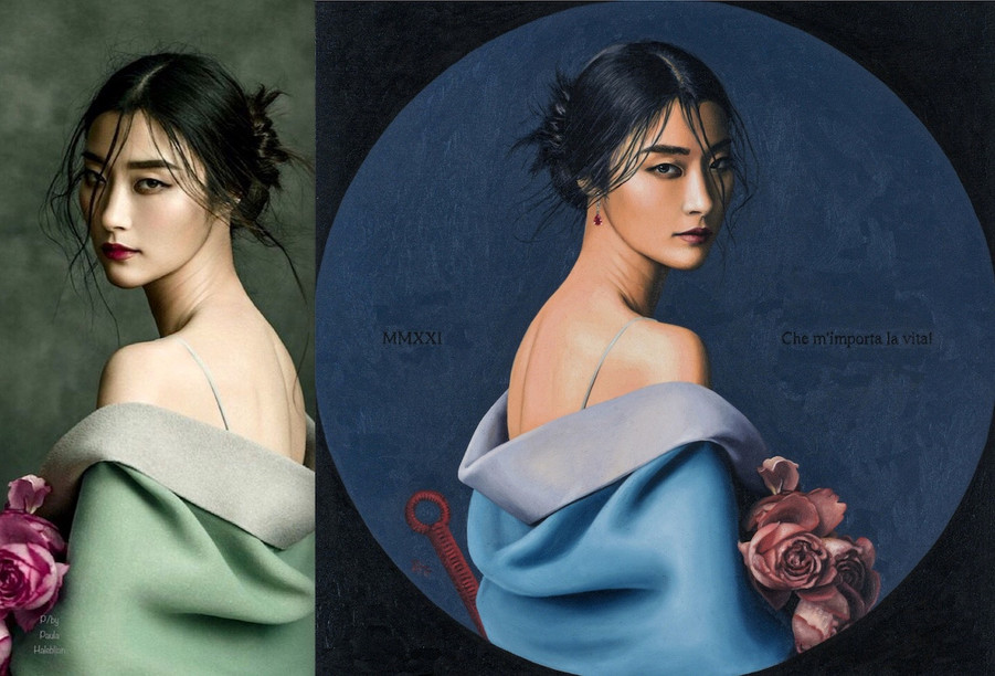 Spot the difference: Jingna Zhang’s photo of model Ji Hye Park, left, and part of Jeff Dieschburg’s Turnadot diptych, right.  Jingna Zhang/Jeff Dieschburg – collage Maison Moderne
