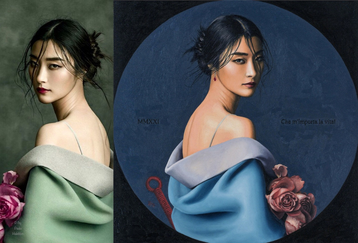 Spot the difference: Jingna Zhang’s photo of model Ji Hye Park, left, and part of Jeff Dieschburg’s Turnadot diptych, right.  Jingna Zhang/Jeff Dieschburg – collage Maison Moderne
