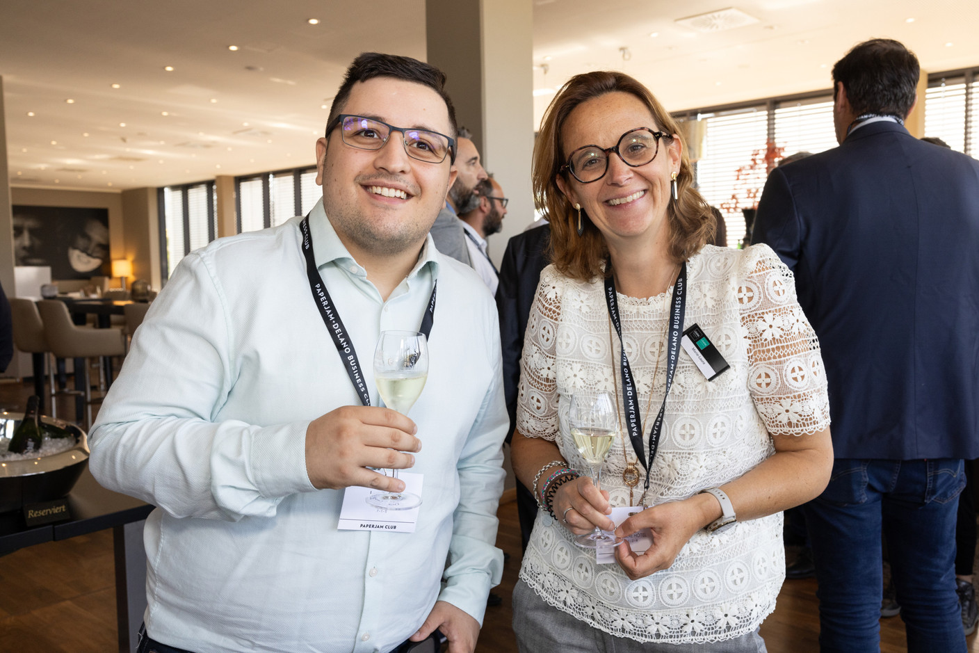 Luca Fazio (Cegecom) and Marie-Laure Moreau de Bellaing (Légère Hôtel Luxembourg) at the Paperjam Club’s carrousel lunch at the Légère Hôtel Luxembourg, 20 September 2024. Photo: Eva Krins/Maison Moderne