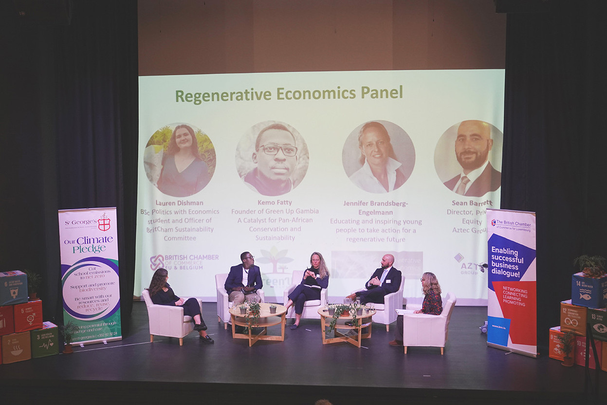 Panellists included, from left, Lauren Dishman, officer of BritCham Sustainability Committee; Kemo Fatty, founder of Green Up Gambia; guest speaker Jennifer Brandsberg-Engelmann; Sean Barrett, director private equity at Aztec Group; and St George’s sustainability coordinator Anne-Marie McHugh. Photo: St George's International School, Luxembourg