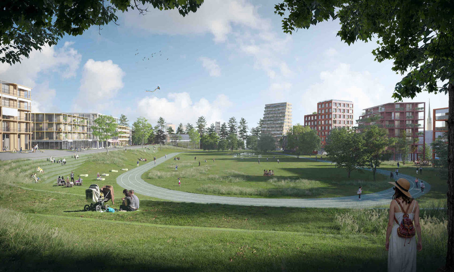 The former Josy-Barthel stadium becomes a new public park, continuing the tradition of residential areas developed around a common green space. (Illustration: 2001-HHF Architekten)