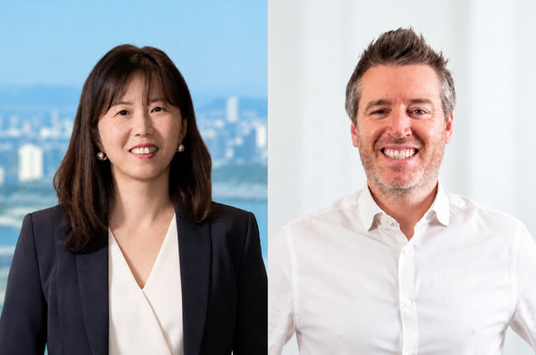 Ying Ying Tan, who was appointed global head of securities services and digital assets at Standard Chartered in mid-October, and Richard Clark, CEO of Zodia Custody. The bank has signed the definitive agreement to acquire 100% of the digital asset custodian.  (Photos: Standard Chartered, Zodia Custody; layout: Paperjam)