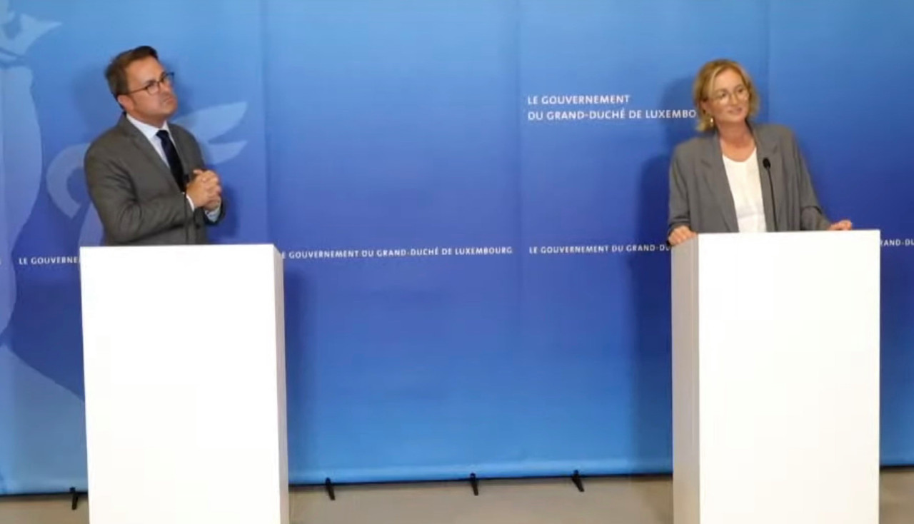 Prime minister Xavier Bettel and health minister Paulette Lenert at Wednesday’s press conference Luxembourg government screenshot