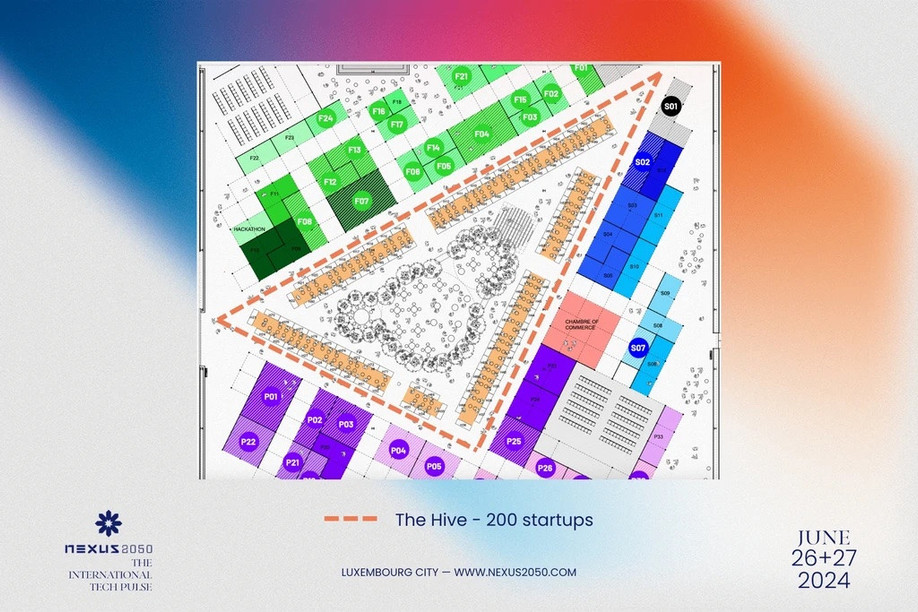 Startups will be at the centre of the Nexus2050 technology conference. Startup booths are seen highlighted in orange on this floorplan. Image: Nexus2050