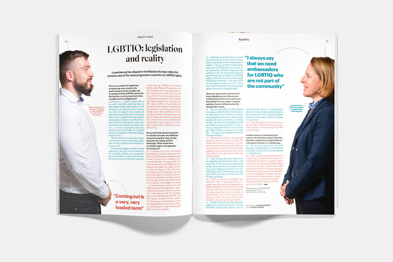 Head to head on LGBTIQ legislation between Nicolas Van Elsué and Corinne Cahen.  Maison Moderne