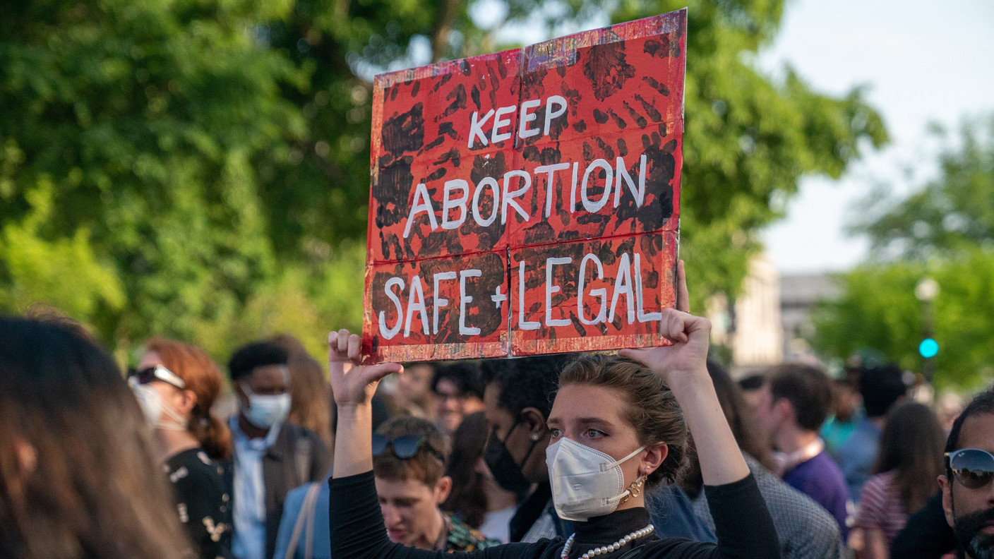Washington, DC  USA May 3 2022: Protesters gather at the US Supreme Court after a report that the count will overturn Roe vs Wade, ending the constitutional right to abortion. Copyright (c) 2022 Drew Petrimoulx/Shutterstock.  No use without permission.