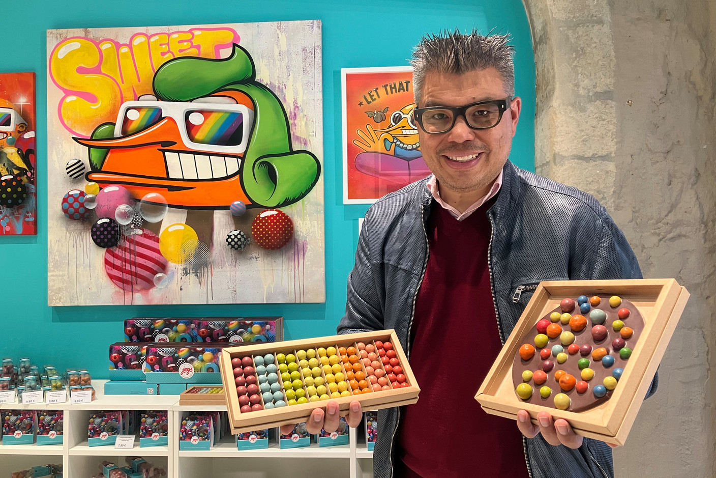 Sumo, pictured with some brightly-coloured chocolates at Josy’s. Photo: Lydia Linna/Maison Moderne