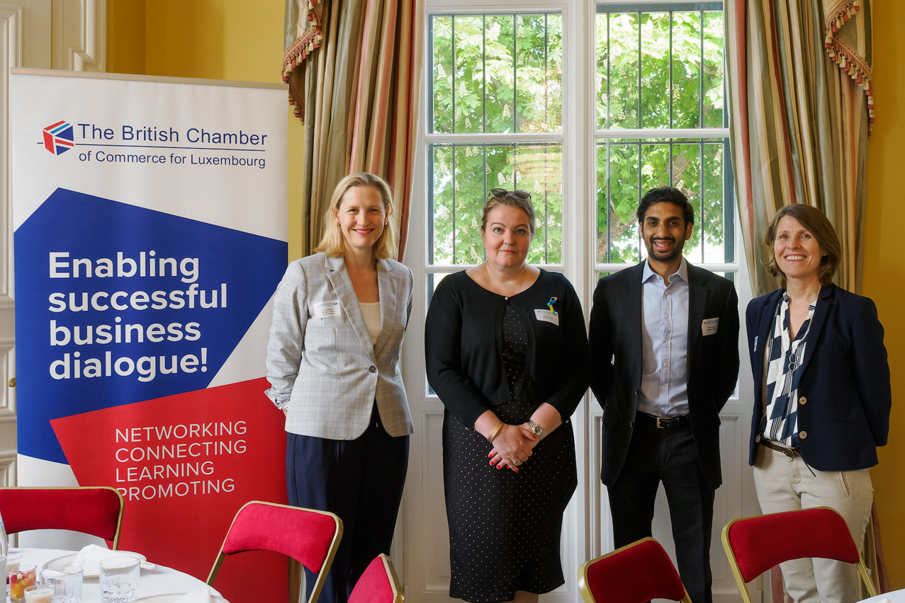 Sarah Battey of the British Chamber of Commerce for Luxembourg, UK ambassador to Luxembourg Fleur Thomas, Nathan Mistry of RBS International and the BCC’s Becca Kellagher are seen during the chamber’s “Sustainability Today and Tomorrow” event, 5 May 2022. Photo: Dalboyne/Ian Sanderson/courtesy of BCC