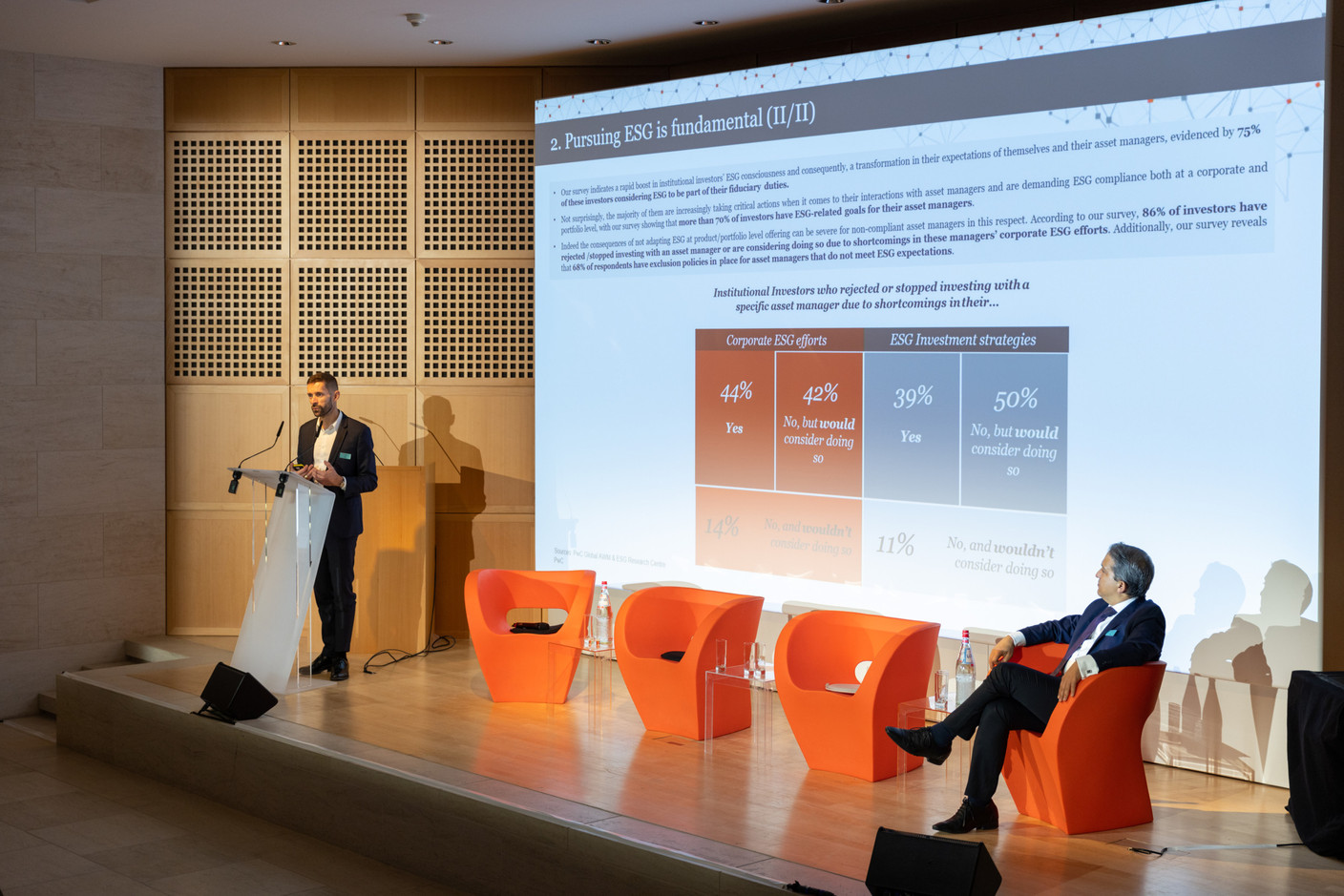 Frédéric Vonner and Dariush Yazdani, both of PWC, are seen speaking at Luxflag Sustainable Investment Week 2022, held at Mudam, 17 October 2022. Photo: Romain Gamba/Maison Moderne