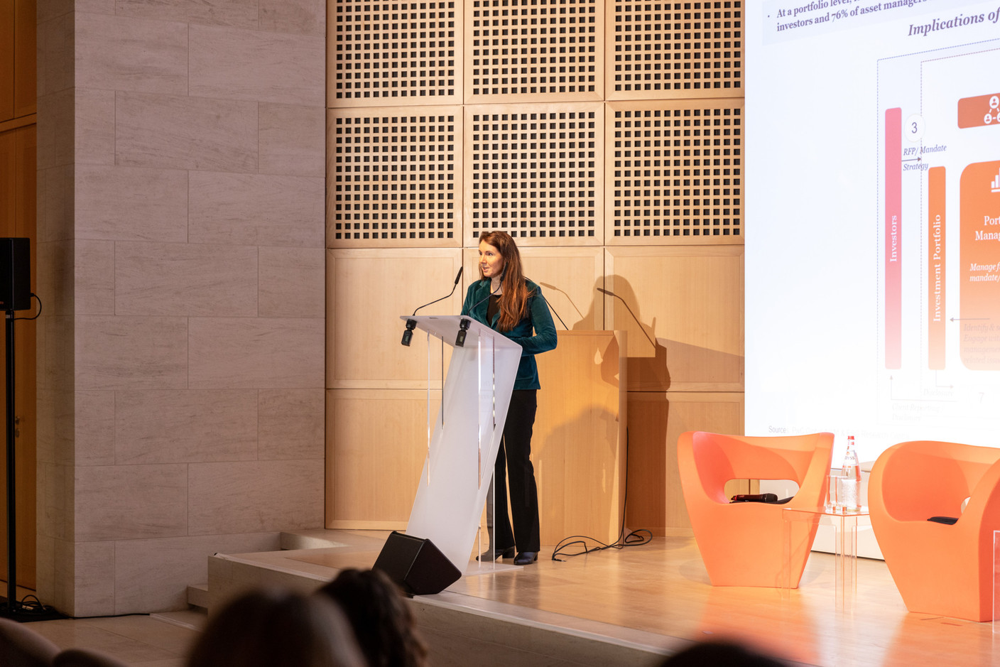 Isabelle Delas, CEO of Luxflag, is seen speaking at Luxflag Sustainable Investment Week 2022, 17 October 2022. Photo: Romain Gamba/Maison Moderne