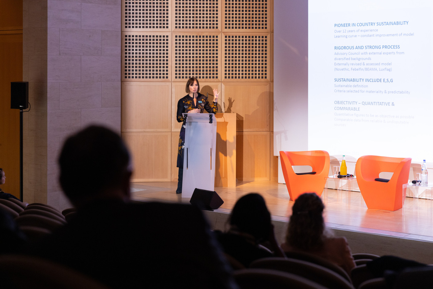 Ophélie Mortier of Degroof Petercam Asset Management is seen speaking Luxflag Sustainable Investment Week 2022, 18 October 2022. Photo: Romain Gamba/Maison Moderne
