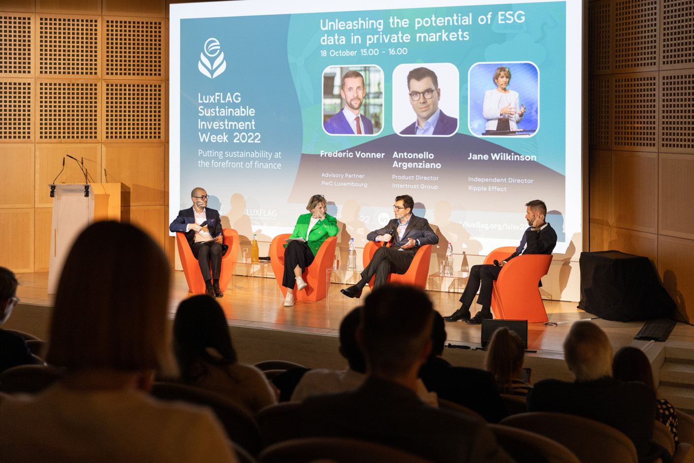 Jane Wilkinson of Ripple Effect (second from left), Antonello Argenziano of Intertrust Group (second from right) and Frédéric Vonner of PWC (on right) are seen during Luxflag Sustainable Investment Week 2022, 18 October 2022. Photo: Romain Gamba/Maison Moderne