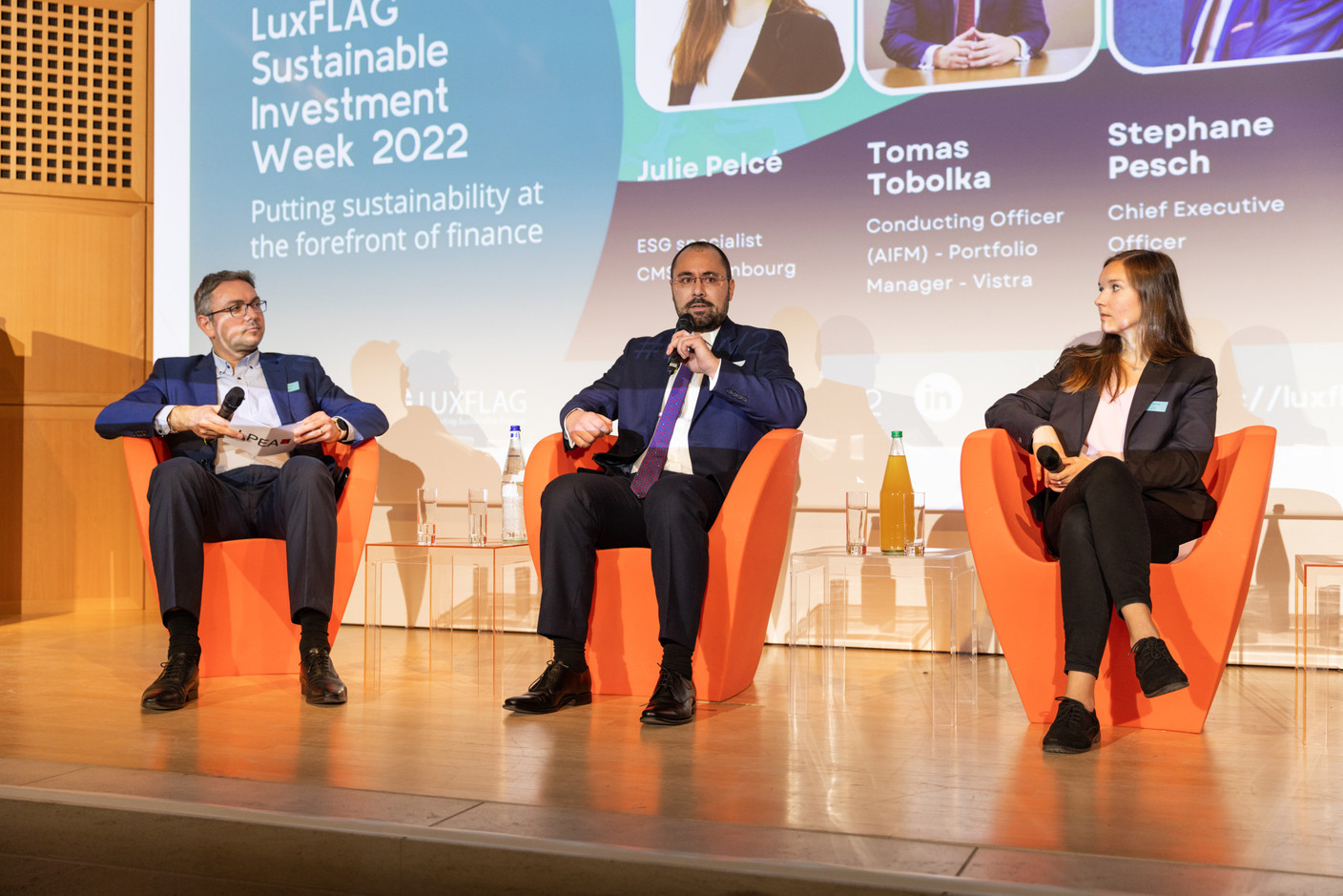 Stephane Pesch of the Luxembourg Private Equity and Venture Capital Association (LPEA), Tomas Tobolka of Vistra Fund Management and Julie Pelcé of CMS are seen during Luxflag Sustainable Investment Week 2022, 19 October 2022. Photo: Romain Gamba/Maison Moderne