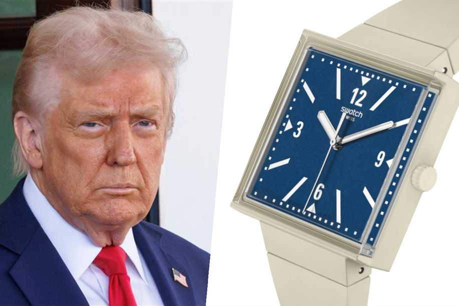 Swatch’s response to Donald Trump's tariffs. Photos: Shutterstock/Swatch screenshot/Paperjam editing)