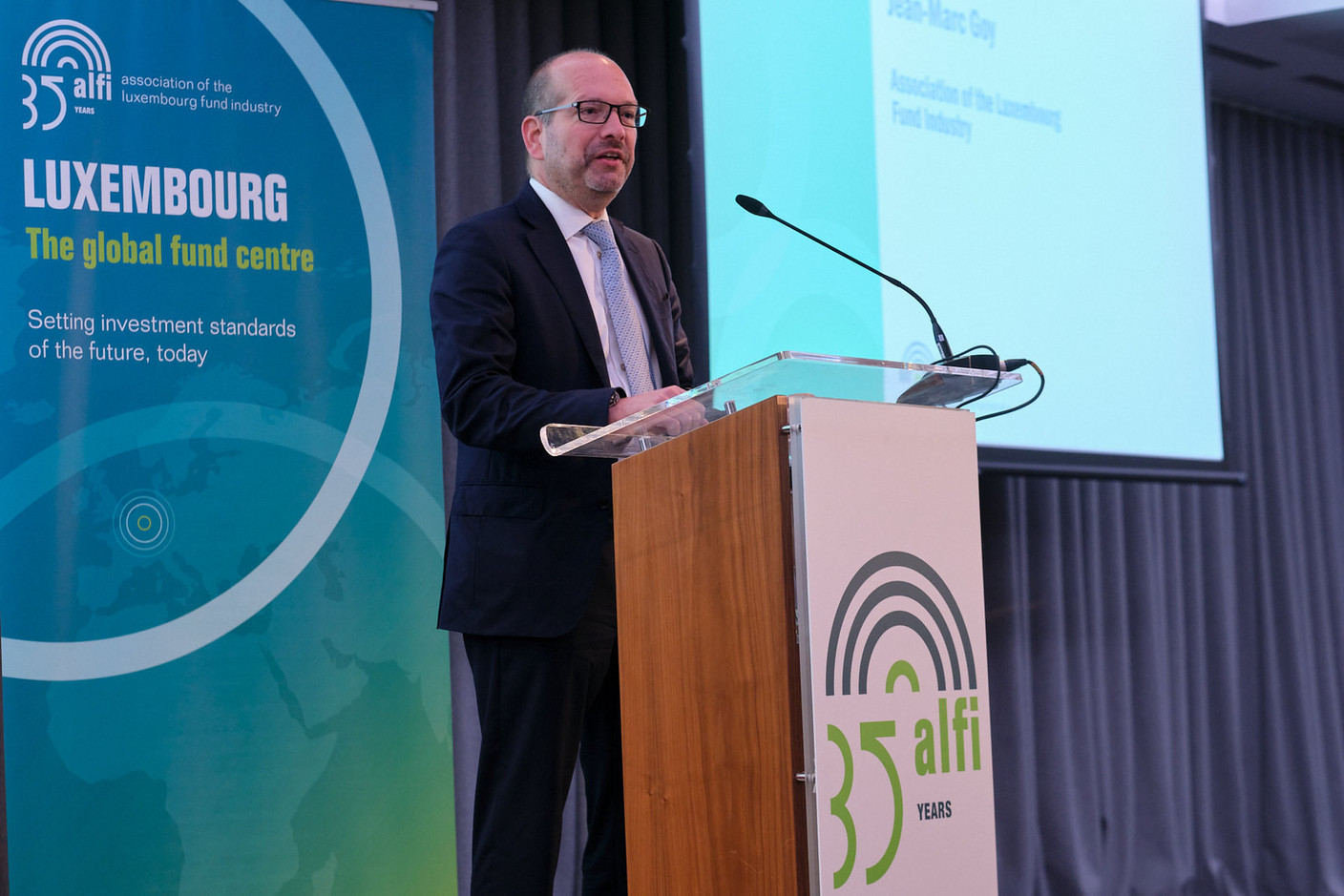 Jean-Marc Goy, président de l'Association luxembourgeoise des fonds d'investissement, lors de la conférence de l’Alfi à Londres, le 19 octobre 2023. (Photo: Alfi)